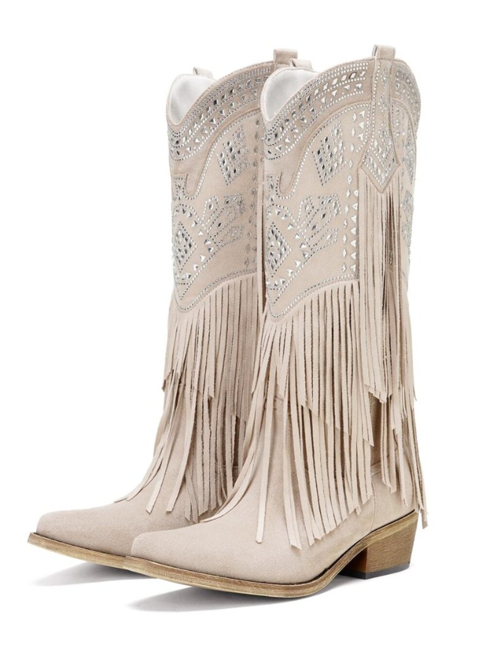 Cowboy Boots for Women Knee High Cowgirl Western Fringe Boots Rhinestone Chunky